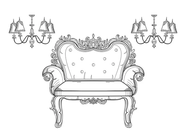 Barokk bútorok gazdag gyűjteménye beállítása. Díszes dekorációval vektoros illusztráció — Stock Vector