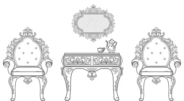 Barok meubels rijke instellen collectie Versierd achtergrond vectorillustratie — Stockvector