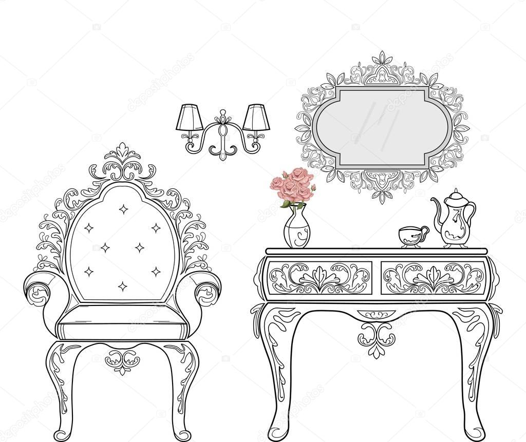 Baroque furniture rich set collection. Ornamented background Vector illustration