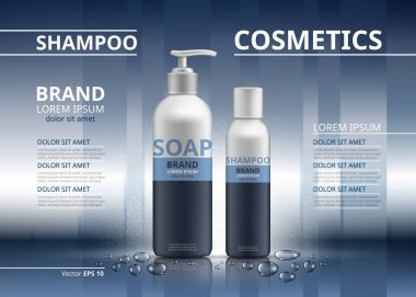 Gerçekçi şişe şampuan ve sabun. Mockup 3d çizim. Kozmetik paket reklamlar şablon. Parlak arka plan renkleri