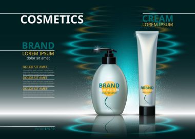 Kozmetik gerçekçi paket reklamlar şablon. Cilt bakım jeli, vücut kremi veya handcream şişe. Mockup 3d çizim. Köpüklü su arka plan damla
