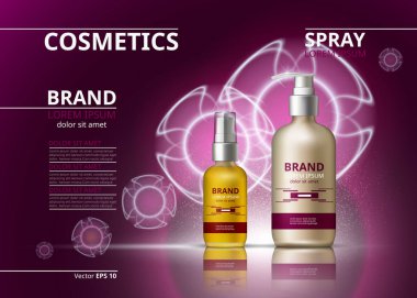 Kozmetik gerçekçi paket reklamlar şablon. Cilt yağı ve jel ürünleri şişeleri nemlendirici. Mockup 3d çizim. Parlak arka plan