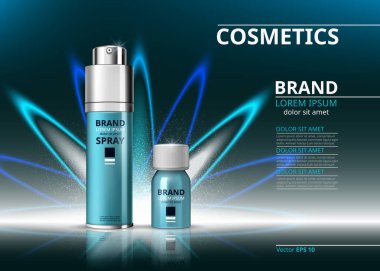 Kozmetik gerçekçi paket reklamlar şablon. Nemlendirici yüz serum ve sprey ürünleri şişeleri. Mockup 3d çizim. Köpüklü etkileri arka plan