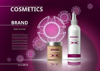 Kozmetik gerçekçi paket reklamlar şablon. BB krem ve micellar su ürünleri şişeleri nemlendirici. Mockup 3d çizim. Parlak arka plan