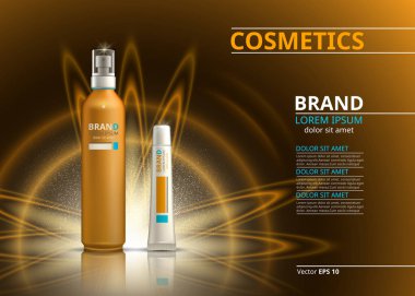 Güneş koruma gerçekçi ürün tasarımı. Kozmetik Şişeler merhem bir bulanıklık parlak zemin üzerine sprey ve dudak. Ads ya da dergi için şablon. 3D çizim