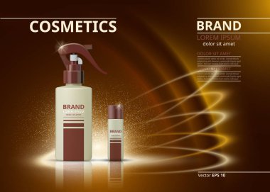 Kozmetik gerçekçi paket reklamlar şablon. Nemlendirici yüz kremi ve vücut ürünleri şişeleri sprey. Mockup 3d çizim. Parlak arka plan