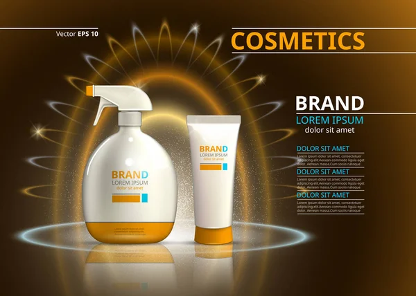 Solen skydd realistiska produktdesign. Kosmetiska flaska på blur glittrande bakgrund. Mall för annonser eller tidskrift. 3D illustration — Stock vektor