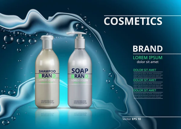 Shampoo e sapone bottiglie realistiche. Illustrazione 3D Mockup. Modello di annunci di pacchetti cosmetici. Effetto acqua sfondo scintillante — Vettoriale Stock