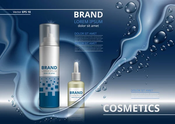 Templat iklan paket kosmetik. Shampoo atau gel dan botol minyak. Gambar realistis 3D Mockup. Latar belakang kemerahan air - Stok Vektor