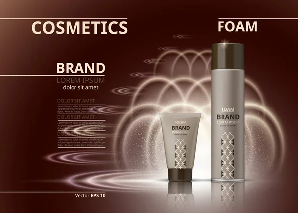 Kozmetik gerçekçi paket reklamlar şablon. Köpük body ve ürünleri şişeleri jel. Mockup 3d çizim. Parlak arka plan — Stok Vektör