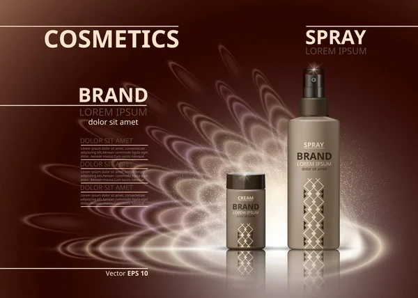 Kosmetiska realistiska paketet annonser mall. Återfuktande ansiktskräm och body spray produkter flaskor. Mockup 3d illustration. Glittrande bakgrund — Stock vektor