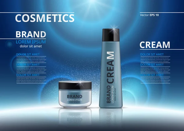 Kozmetik gerçekçi paket reklamlar şablon. Nemlendirici yüz maskesi ve vücut ürünleri mavi şişelerde krem. Mockup 3d çizim. Parlak arka plan — Stok Vektör