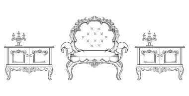 Barok mobilya zengin koleksiyon küme. Süslü arka plan vektör çizim