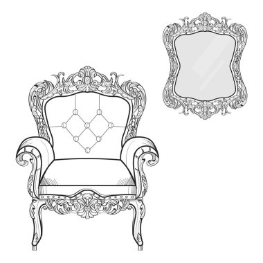 Barok mobilya zengin koleksiyon küme. Süslü dekor arka plan vektör çizim
