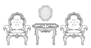 Barok mobilya zengin koleksiyon küme. Süslü arka plan vektör çizim