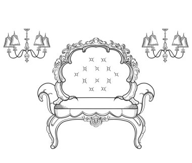 Barok mobilya zengin koltuk. El yapımı süslü dekor. Vektör çizimler