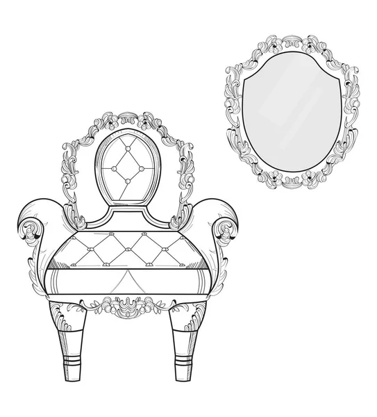 Barockmöbel voller Sessel und Spiegelrahmen. handgefertigtes, verziertes Dekor. Vektorillustration — Stockvektor