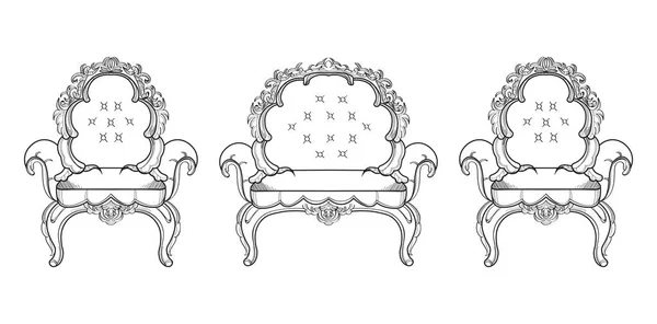 Muebles barrocos rica colección de conjunto. Decoración adornada Ilustración vectorial — Vector de stock