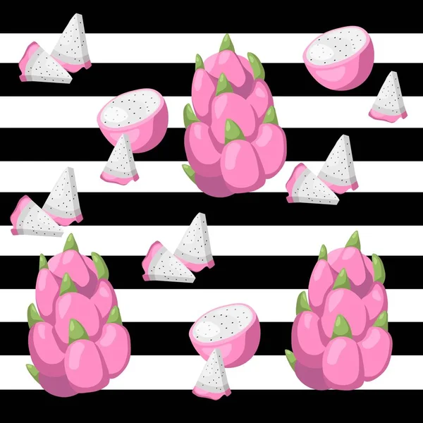 Πρότυπο εξωτικά κάρτας φρούτων pitaya. Διάνυσμα καλοκαίρι tropic θέμα μοτίβο μαύρο ριγέ — Διανυσματικό Αρχείο