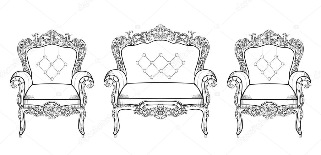 Baroque furniture rich set collection. Ornamented decor Vector illustration