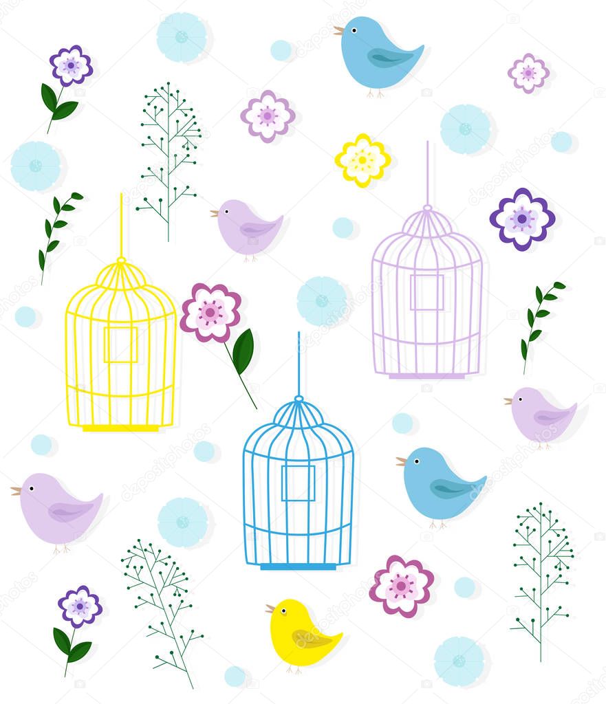 Birds cage and floral pattern. Kids childhood style Vector vintage