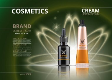 Vektör gerçekçi kozmetik paket. Göz altında nemlendirici jel tüp ve yüz serumu. Güzellik ürünleri ile logo etiket tasarımı. parlak arka plan üzerinde 3D set koleksiyonu