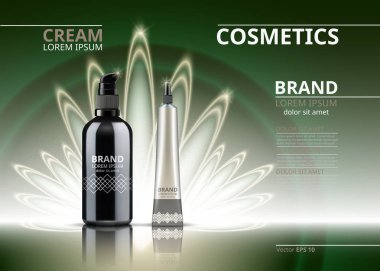 Dijital vektör gerçekçi kozmetik paket tüp ve kapsayıcı. Güzellik şişeler ürünleri ile logo etiket tasarımı için. parlak arka plan üzerinde 3D set koleksiyonu