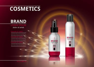 Dijital vektör gerçekçi Kozmetik Şişeler. Güzellik ürünleri saç tedavi ya da vücut bakımı için. logo etiket tasarım paketi. köpüklü etkileri arka plan ile 3D set koleksiyonu