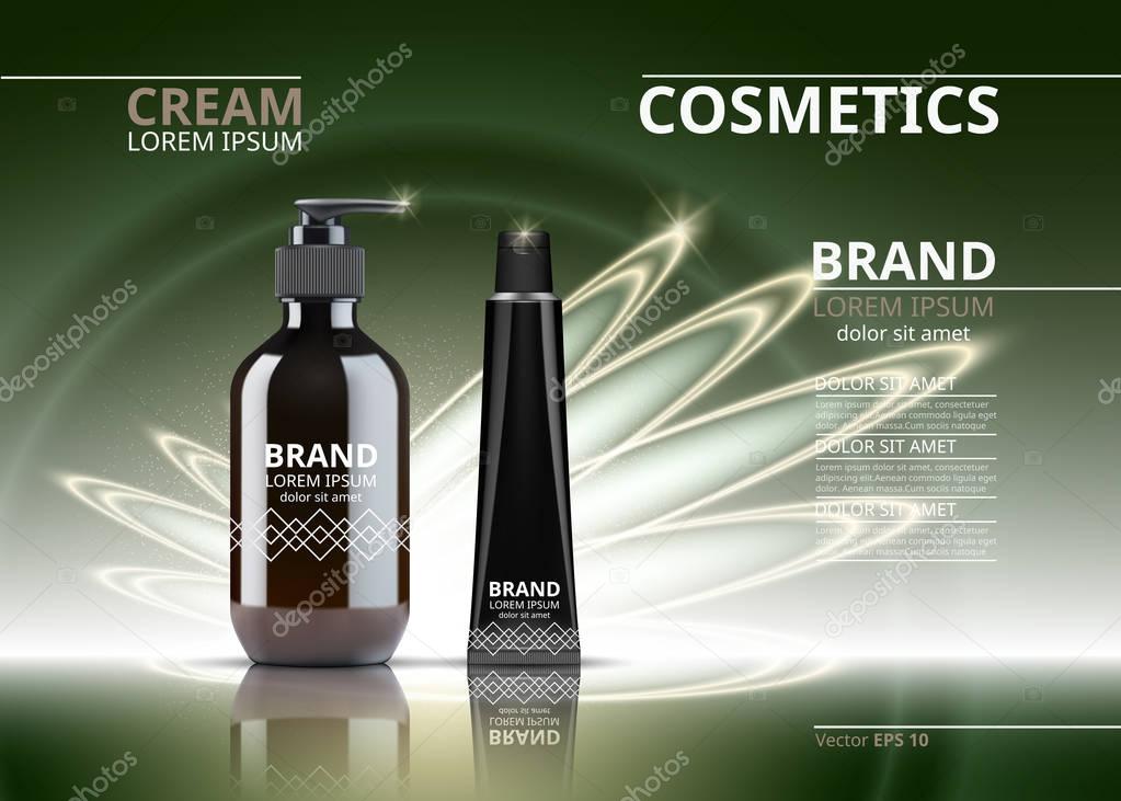 Digital Vector Realistic Cosmetics package. Beauty bottles for products with logo label design. 3d set collection on sparkling background
