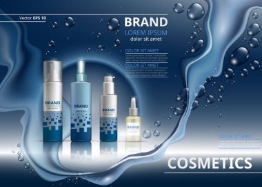 Vektör gerçekçi kozmetik koleksiyonu paketleri ayarlar. Güzellik ürünleri ile logo etiket tasarımı için şişe. Cilt Bakımı jel, köpük, sprey ve serum nemlendirici. 3D kadar alay et. Arka planlar köpüklü su damlaları