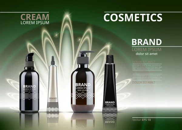 Digital Vector Realistic Cosmetics mengatur paket koleksi. Botol untuk produk kecantikan dengan desain logo label. 3d atur koleksi di latar belakang yang berkilau - Stok Vektor