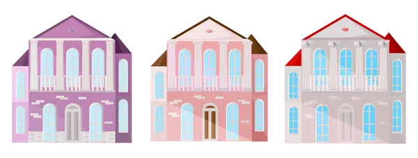 Σύνολο συλλογή από πολύχρωμα αρχιτεκτονικής σπίτια πρόσοψη κτιρίων του φορέα. ροζ παστέλ — Διανυσματικό Αρχείο