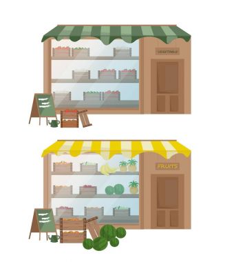 Meyve ve sebze mağaza cephe. Detaylı şablonları kümesi vektör