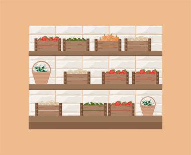 Taze bakkal bir raf mağaza üzerinde. Vektör çizim