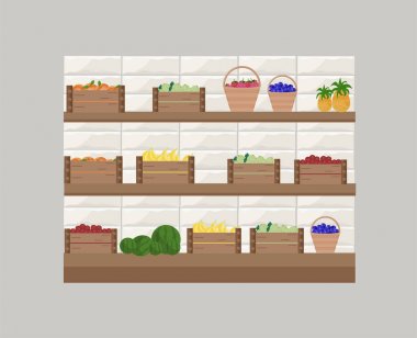 Bir raf mağaza üzerinde taze meyve. Vektör çizim