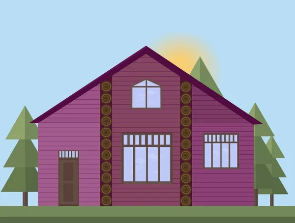 Fachada de casa de madera pintada púrpura en el bosque. Vector ilustración puesta del sol fondo — Vector de stock