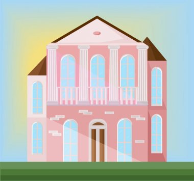 Pembe bir evde klasik mimari cephe. Vektör çizim arka plan