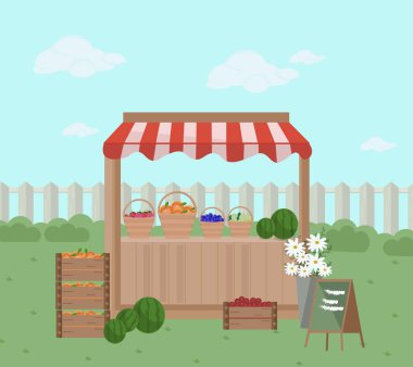 Bir raf mağaza üzerinde taze meyve. Vektör çizim