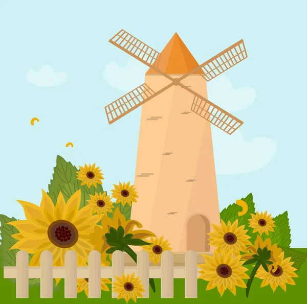 Molino en el Vector de verano. Girasoles estilo provence — Vector de stock