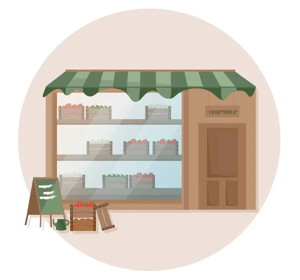 Frische Lebensmittel in einem Hofregal-Laden. Vektorillustrationen — Stockvektor