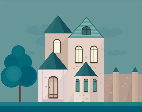 Fachada de arquitectura clásica de un castillo por la noche. Fondo de ilustración vectorial — Vector de stock