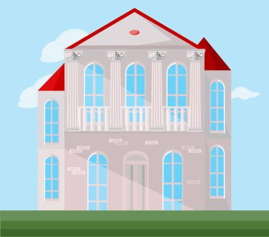 Pembe bir evde klasik mimari cephe. Vektör çizim arka plan