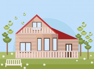 Ahşap ev bahçeli. Vektör cephe düz stil