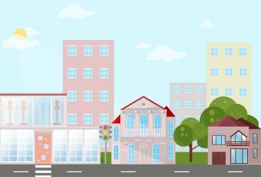 Binalar evler köy mimarisi. Modern düz stil vektör çizimler