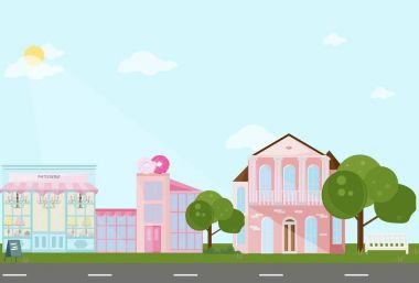 Bir kasaba vektör çizim fırında. taze ekmek ve pasta ürünler