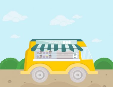 Fırın otobüs vektör çizim. taze kek ve pasta ürünler