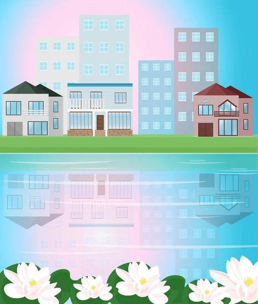 Vista del pueblo con reflexión Ilustración vectorial — Vector de stock