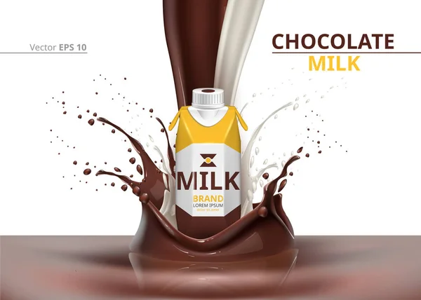 Chocolat bouteille de lait paquet maquette Vector réaliste sur fond éclaboussure — Image vectorielle