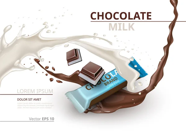 Barra de chocolate com leite realista Mock up Vector label design. Splash e chocolate cai fundo — Vetor de Stock