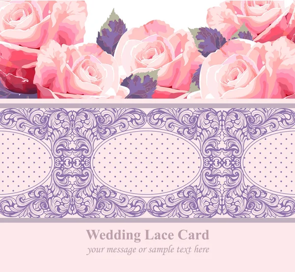 Rosas cor-de-rosa no cartão Vintage delicado Lace. Retro pontilhado ornamento artesanal para convites, impressões, decoração, cartões de saudação. Ilustração vetorial —  Vetores de Stock